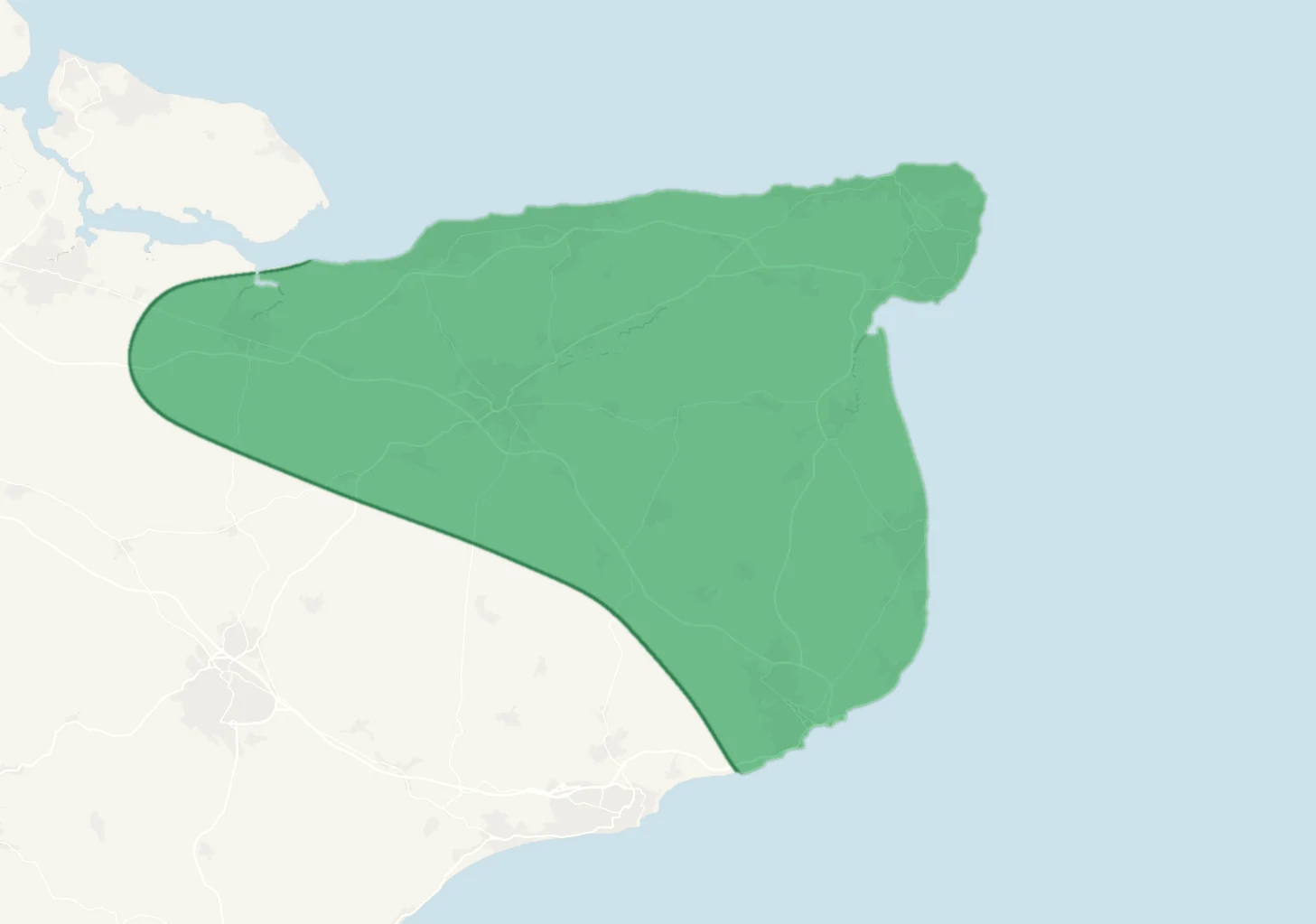 Map of East Kent: the area Addisons covers is shaded green, from Faversham and Whitstable across Canterbury and Herne Bay to Thanet (Margate, Broadstairs, Ramsgate), Sandwich, Deal and Dover