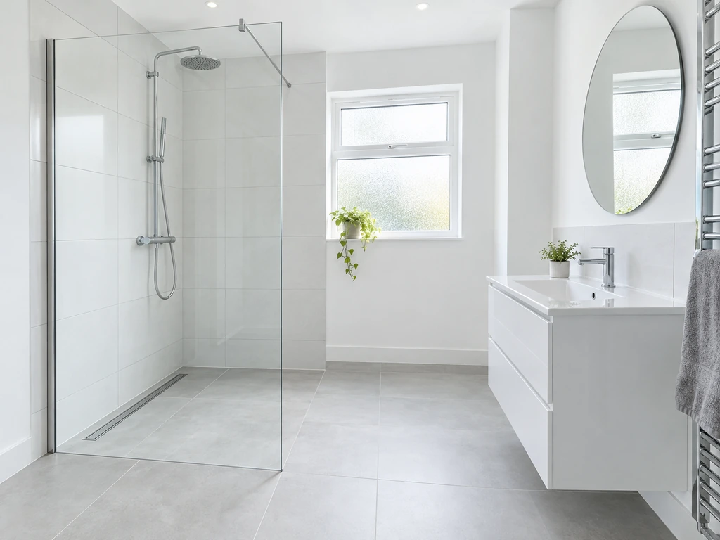 A newly fitted walk-in shower with a glass screen and chrome thermostatic shower beside a white basin, in a bright white bathroom