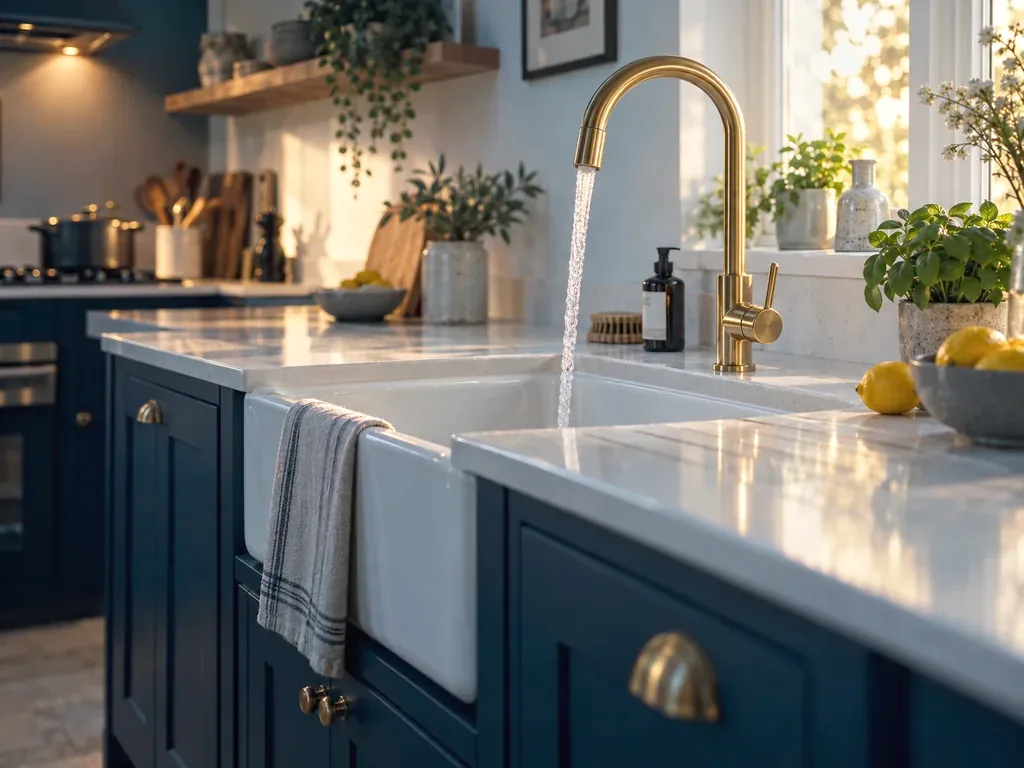 A white Belfast sink with a brass swan-neck tap running, set in a quartz worktop above navy cabinets
