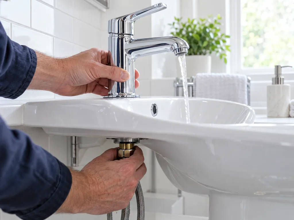 A plumber's hands fitting a new chrome tap to a white bathroom basin